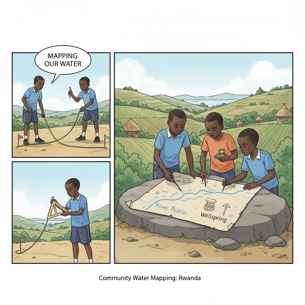 Rwandan children working on a STEM project to map local water sources