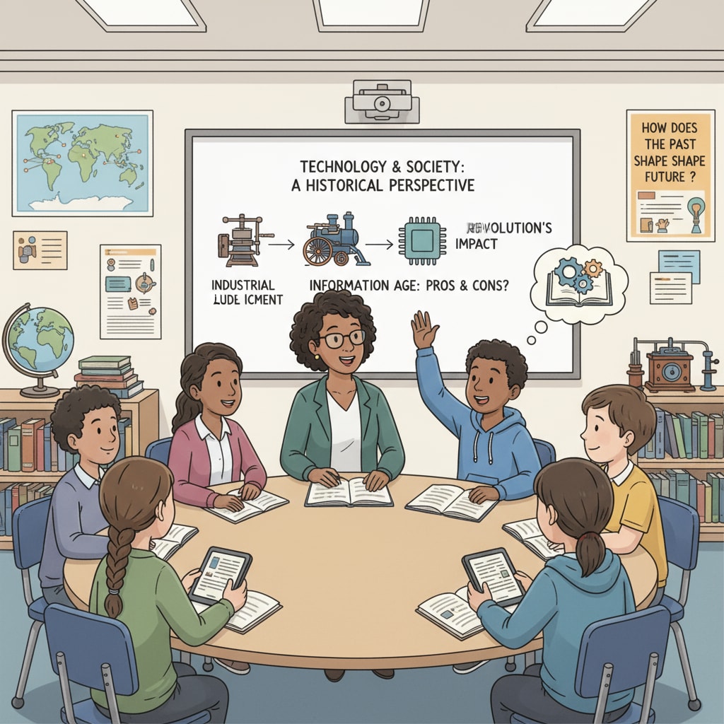 Students in a K12 classroom are engaged in a discussion about a liberal arts topic, like analyzing a historical event related to technology. K12 students discussing liberal arts topic for future engineers' education