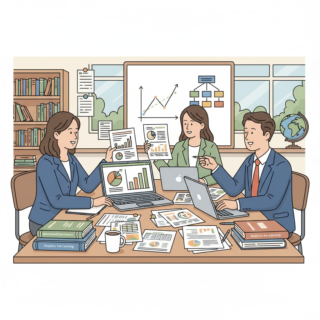 Educators discussing educational data analysis in a classroom for teaching strategy evaluation as part of a master's program