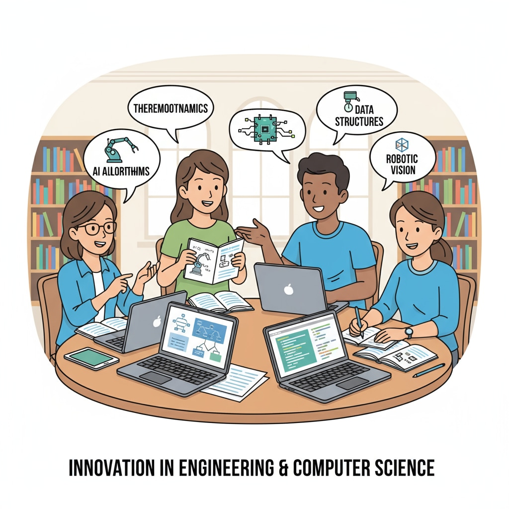 A group of students is engaged in a lively discussion about engineering and computer science concepts, with notebooks and laptops open, showing their enthusiasm for learning. Students discussing engineering and computer science concepts in an educational setting