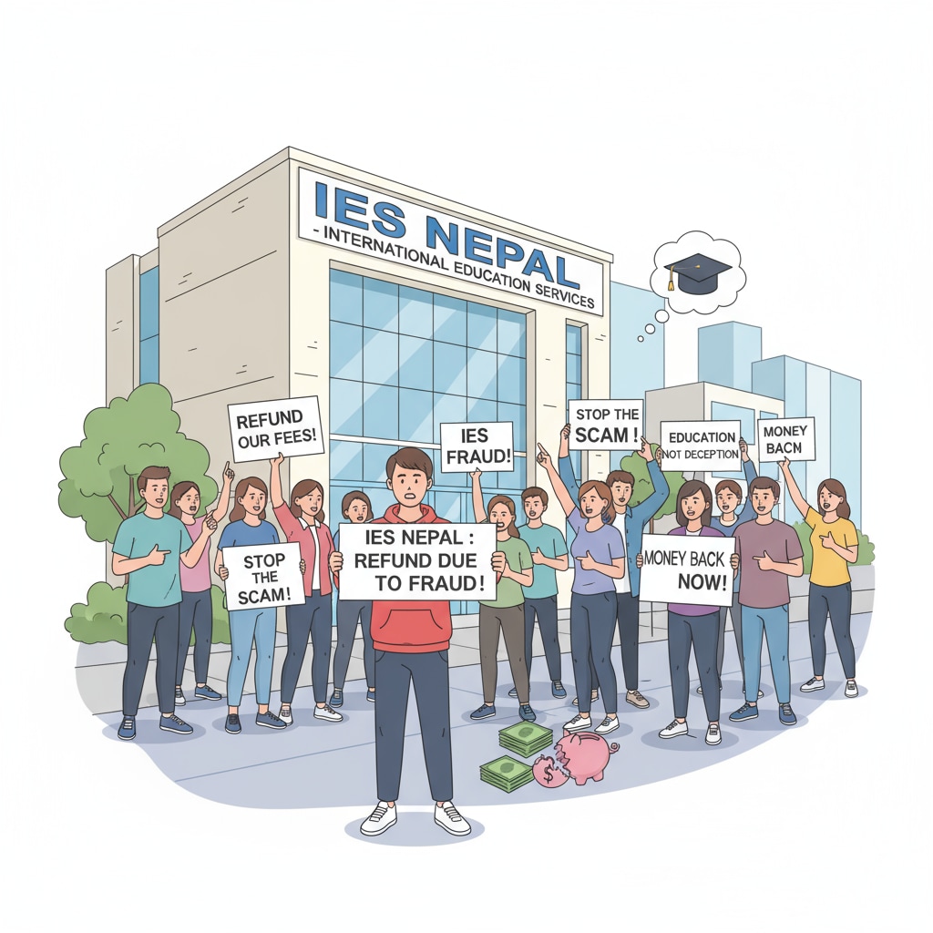 A group of students protesting outside the IES Nepal office, holding signs demanding refunds, which shows the fee disputes that occurred due to the education agency's fraud. Students protesting against IES Nepal for education agency fraud, university admissions, and fee disputes