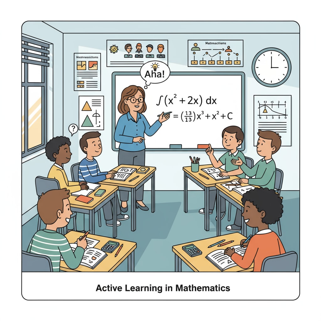 A group of students in a math classroom, engaged in learning. The teacher is writing on the board, and students are listening attentively, showing the active learning atmosphere in a math class. Math students learning in a classroom, related to math teacher career planning and educational paths