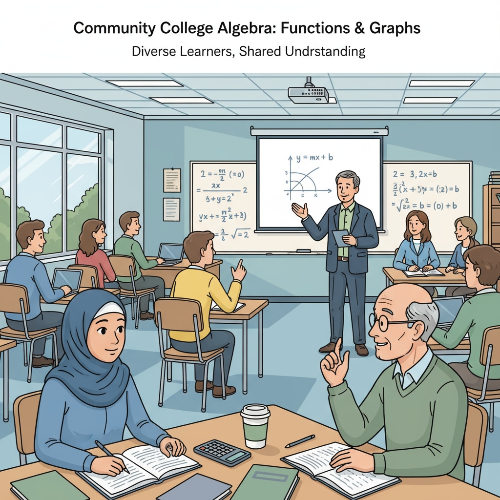 A math class in a community college, with students of different ages. Some students are taking notes, while others are asking questions, reflecting the diverse learning environment in a community college math class. Math class in a community college, associated with math teacher career planning and educational paths
