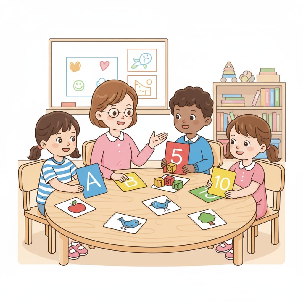 A group of children are sitting around a table, using colorful flashcards to learn basic knowledge like numbers and letters. Kids using flashcards for basic knowledge learning