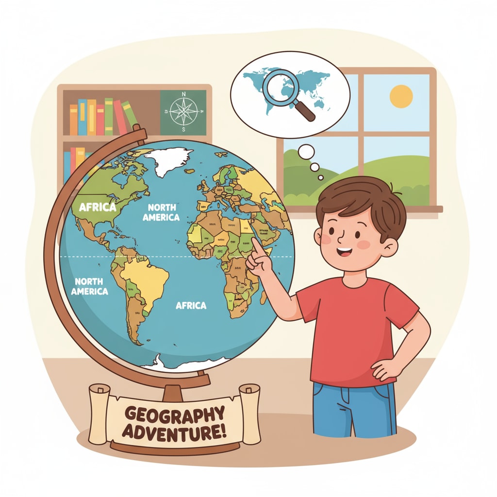 A child is standing in front of a globe, pointing at different countries, showing their interest in geographical knowledge. Child exploring geographical knowledge