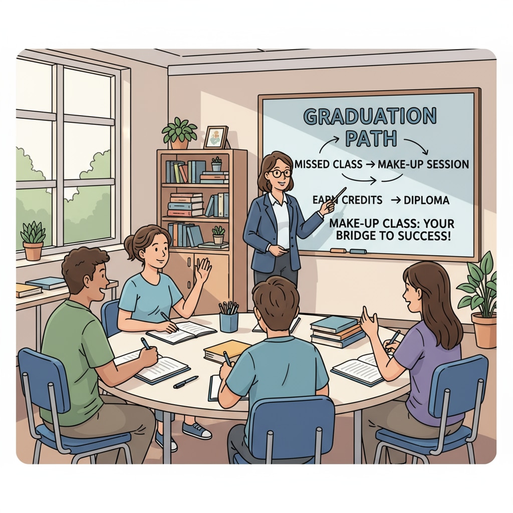 Students are attentively listening to the teacher in a classroom during a make-up class, which is an important way to earn credits for graduation. Students attending a make-up class for credit acquisition related to graduation