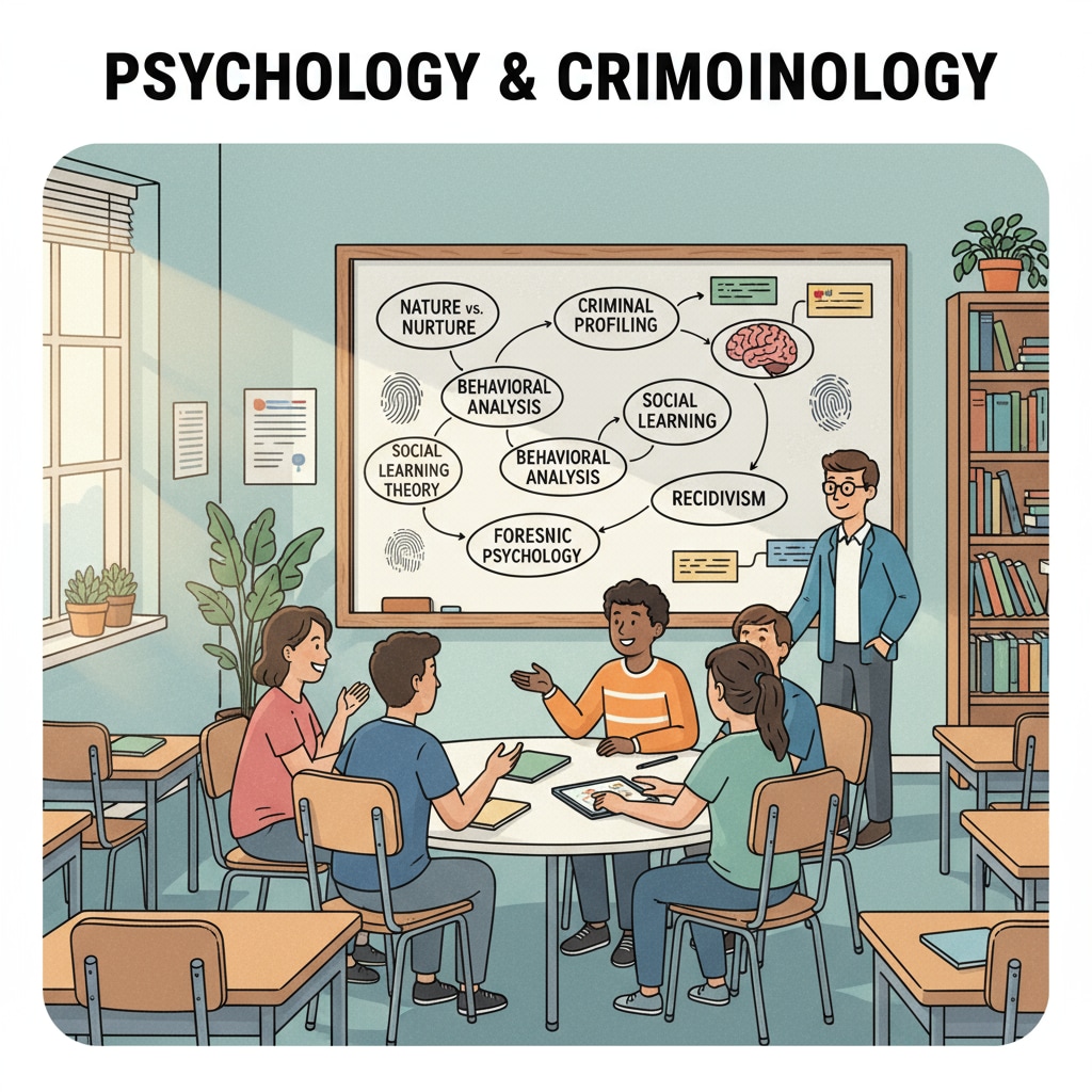 A group of students are engaged in a lively discussion in a classroom setting. The whiteboard in the background has notes related to psychology and criminology concepts. Students discussing psychology and criminology in a classroom