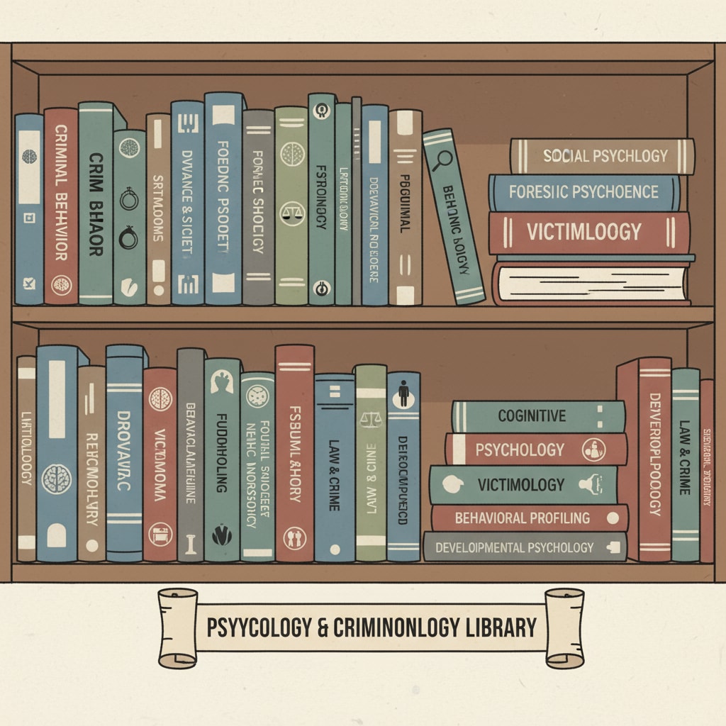 A library shelf is filled with books on various topics related to psychology and criminology. Some of the book titles are visible, indicating their relevance to the two fields. Library shelf with books on psychology and criminology