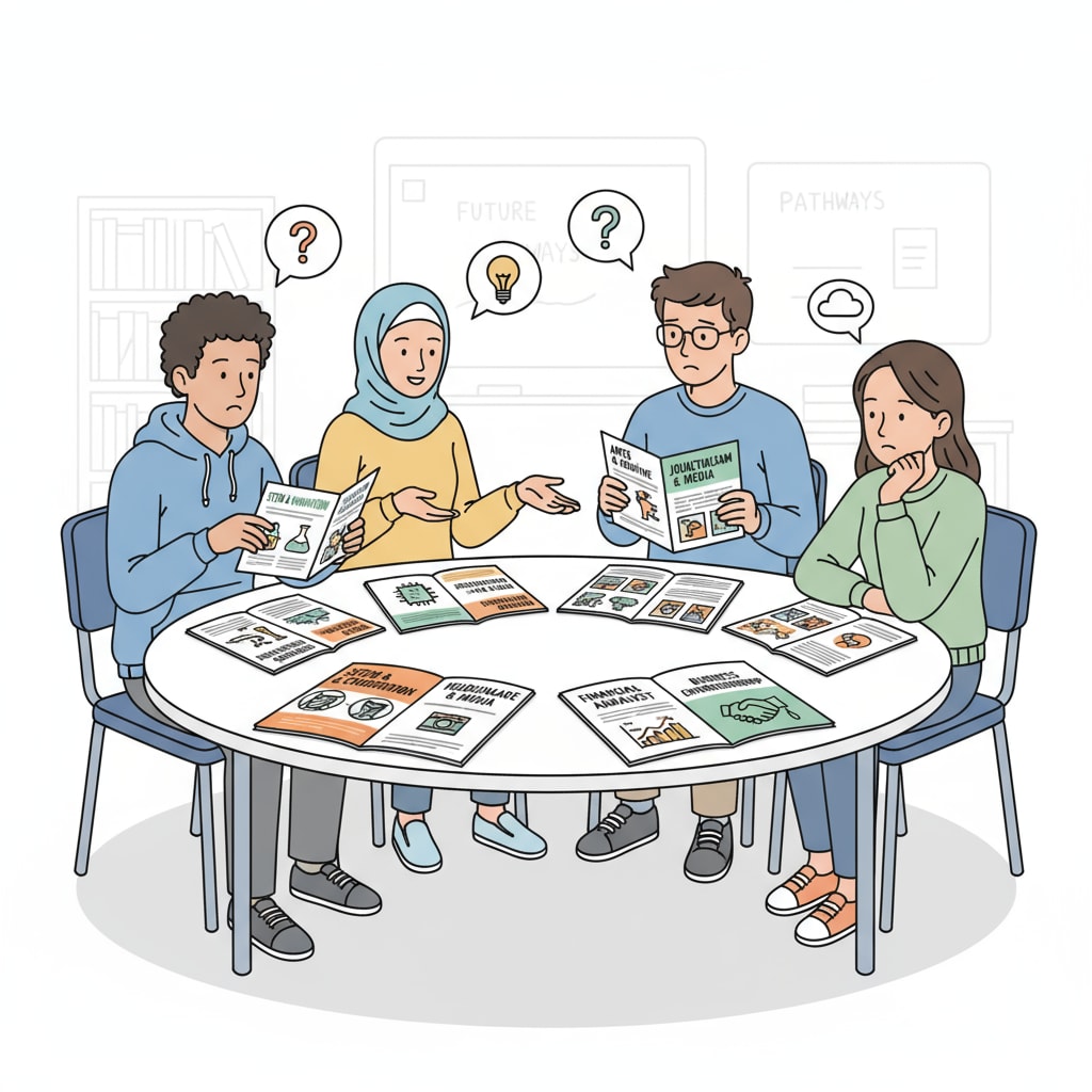 High school graduates discussing their career choices and considering employment prospects between university education and vocational training