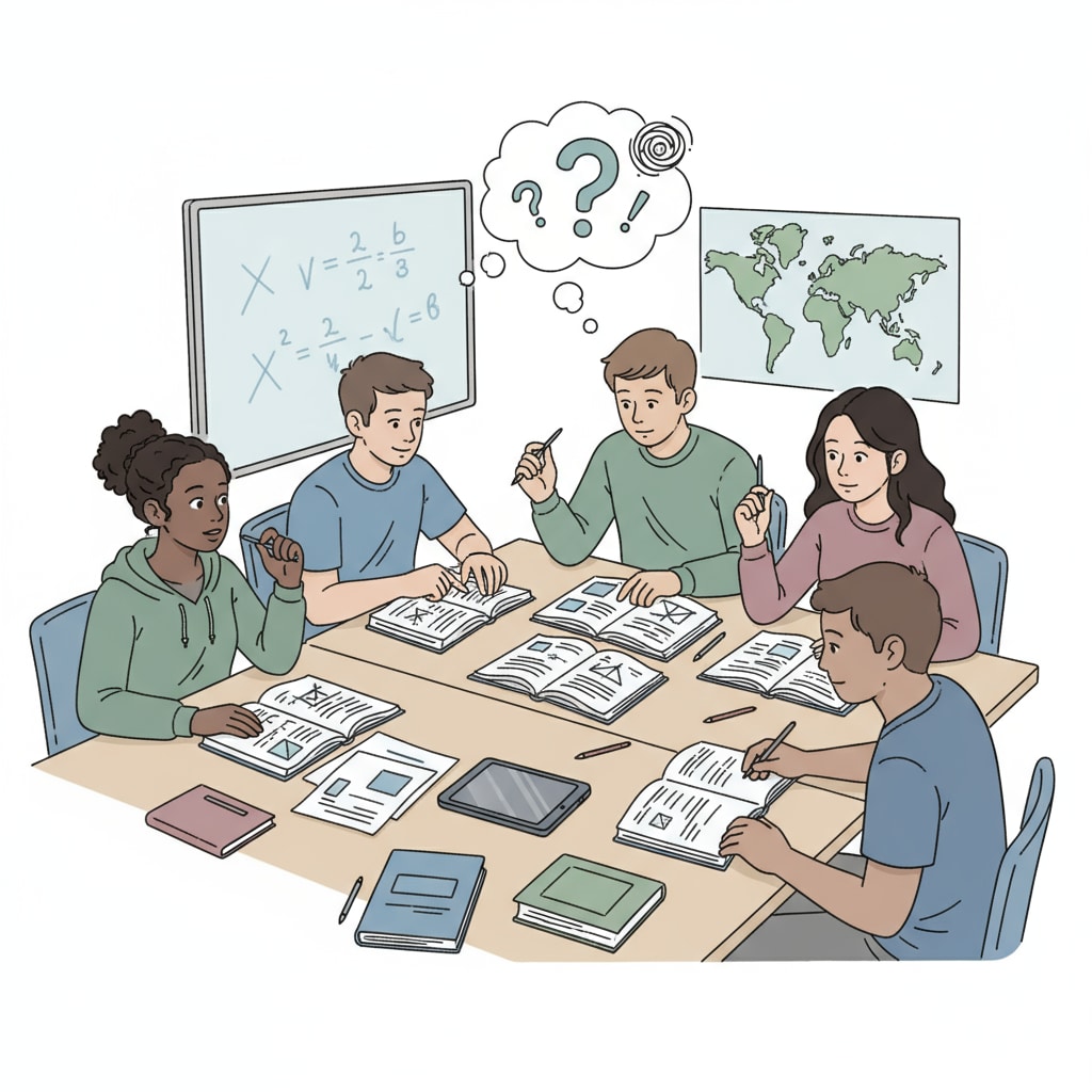 A group of teenagers are sitting around a table, books open, but some are looking away or fidgeting, showing signs of distraction. Adolescents with learning difficulties due to ADHD and lack of self-discipline in a study setting