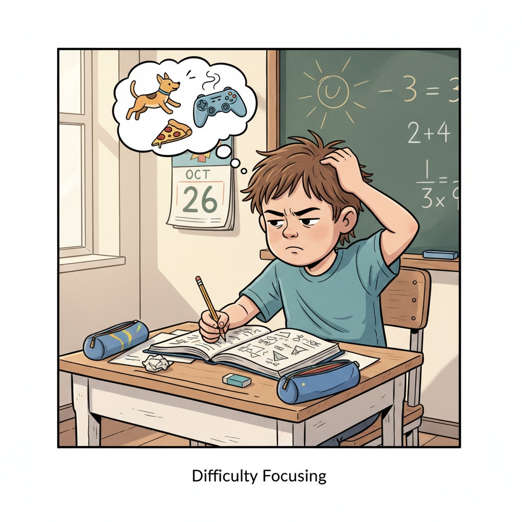 A young child is sitting at a desk, looking frustrated as they try to concentrate on their schoolwork but seem to be easily distracted. A child with ADHD struggling to focus on academic tasks