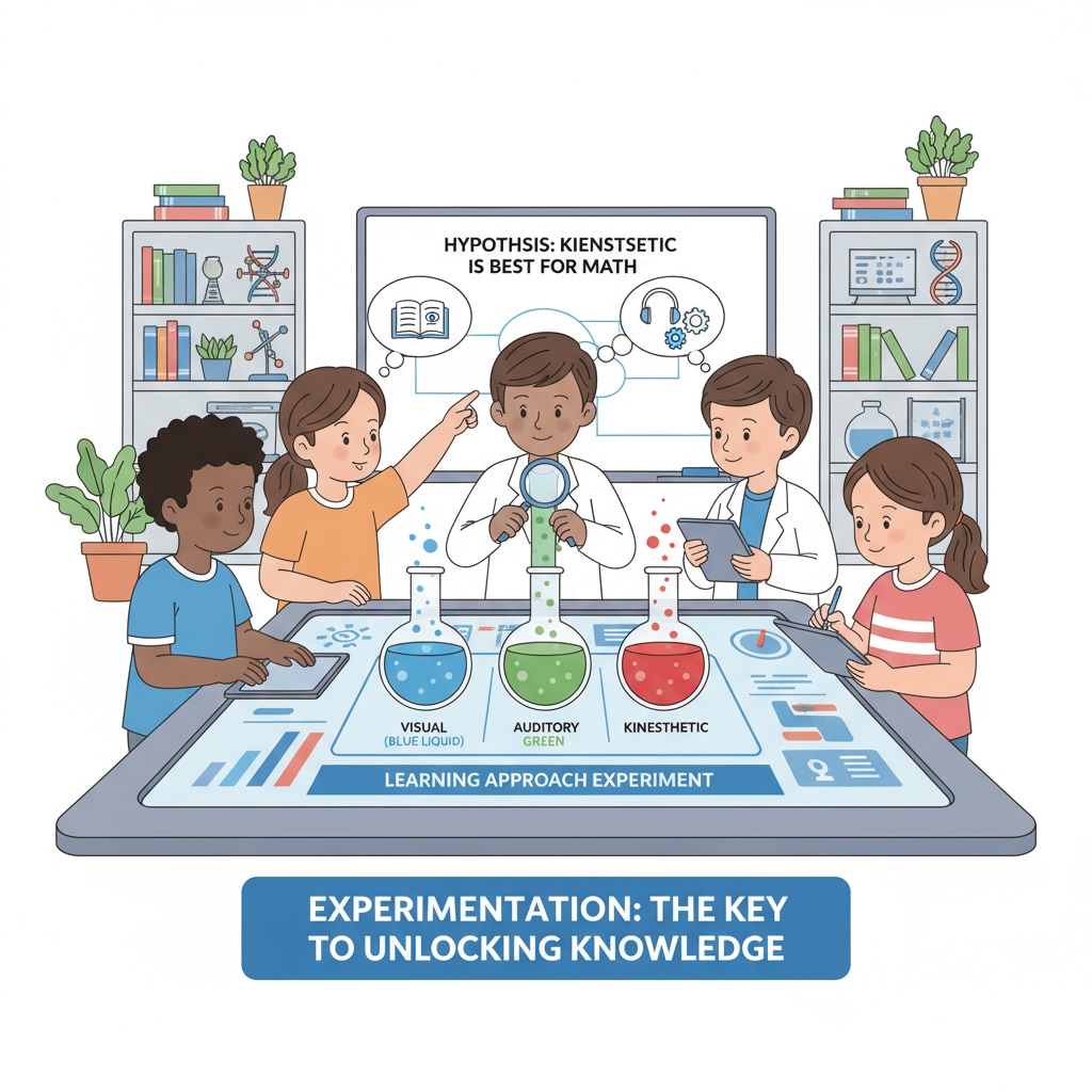 A group of K12 students are collaborating on an experiment to determine the most effective learning approach for a specific subject, highlighting the importance of experimentation in learning. K12 students conducting an experiment for effective learning strategies
