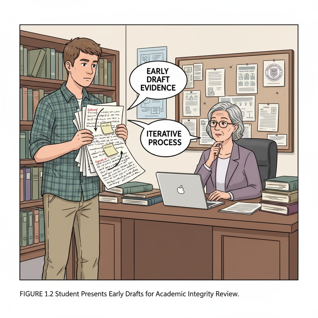 K12 student presenting early paper drafts to defend against AI-generated accusation