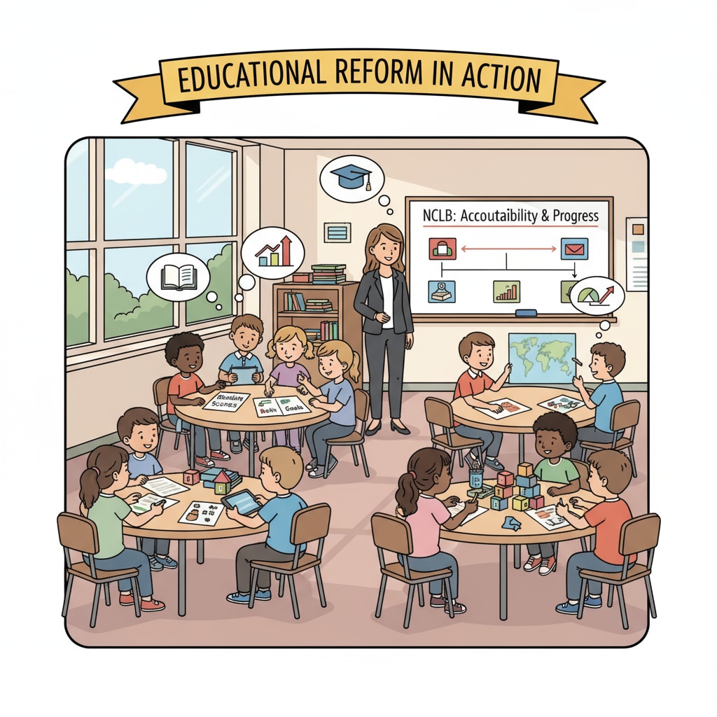 A classroom scene where students are taking part in an educational activity, symbolizing the educational environment influenced by NCLB. A classroom scene related to NCLB's impact on educational accountability and change.
