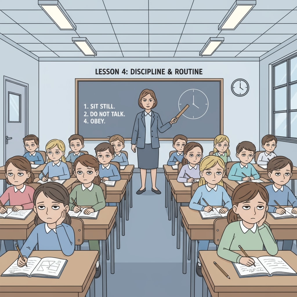 A traditional classroom scene showing obedience at the cost of curiosity