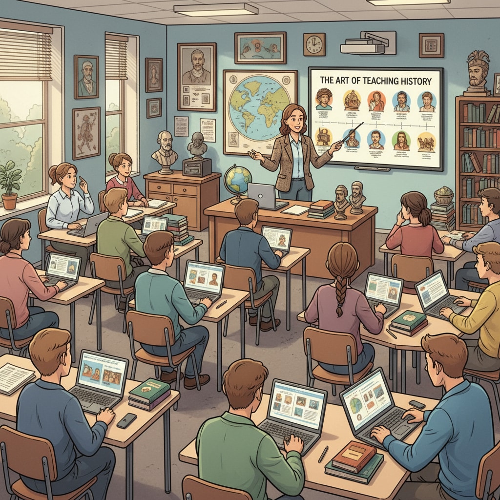 A classroom scene where students are listening intently to a history teacher, representing the learning environment for future history teachers. Classroom scene of students learning history, relevant to teacher profession, history teacher, and university application