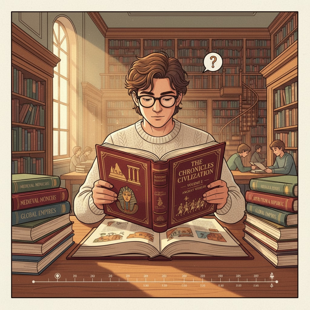 A student is deeply engaged in reading a thick history book in a library, symbolizing the learning process for history majors. Student reading history book in library, related to teacher profession, history teacher, and university application