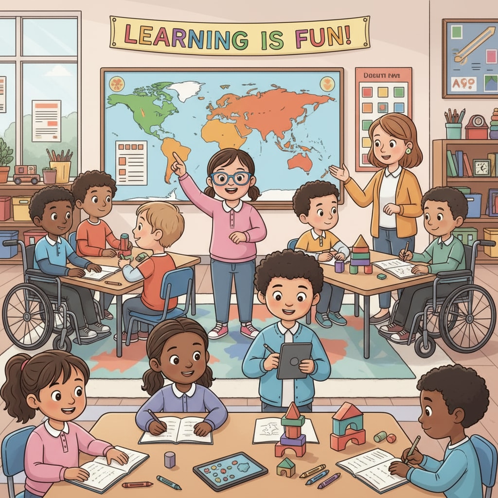 A classroom scene with students having special educational needs, depicting their enthusiasm for learning. Students with special needs in a classroom during the government shutdown threat to OSERS