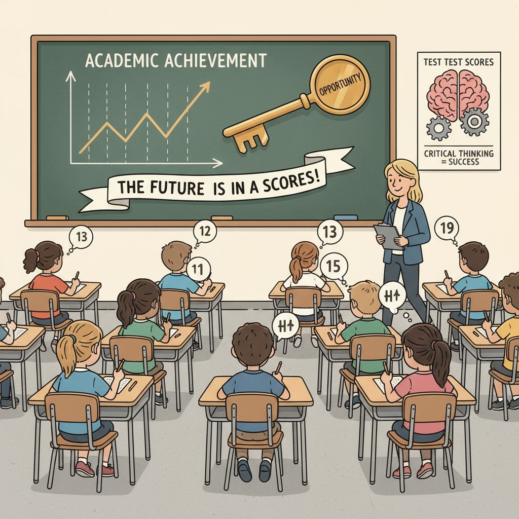 A group of students taking a standardized test in a public school classroom, showing the significance of test scores in the education system. Students taking a standardized test in a public school related to education funding and test scores