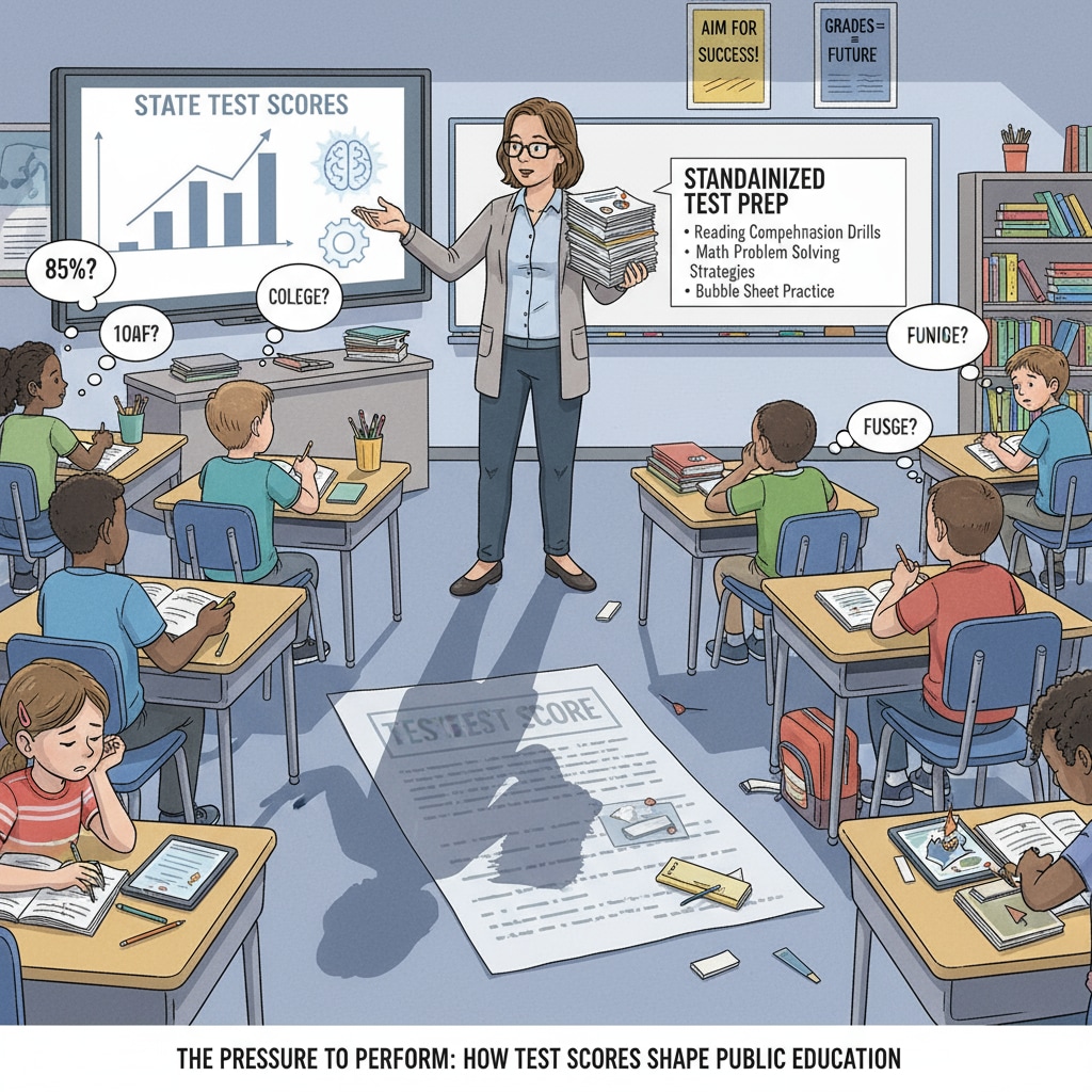 A teacher explaining test preparation materials to students in a public school, highlighting the influence of test scores on teaching in public schools. A teacher explaining test preparation in a public school associated with education funding and quality