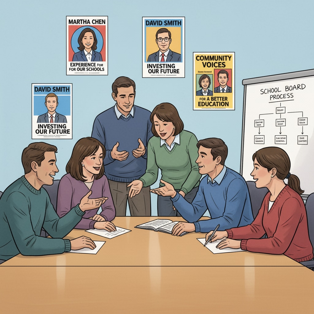 A group of people are engaged in a discussion around a table. There are posters related to school board elections on the walls in the background, showing various candidates and their slogans. People discussing in a setting related to school board elections with a focus on the issues of election conflicts and political civility.