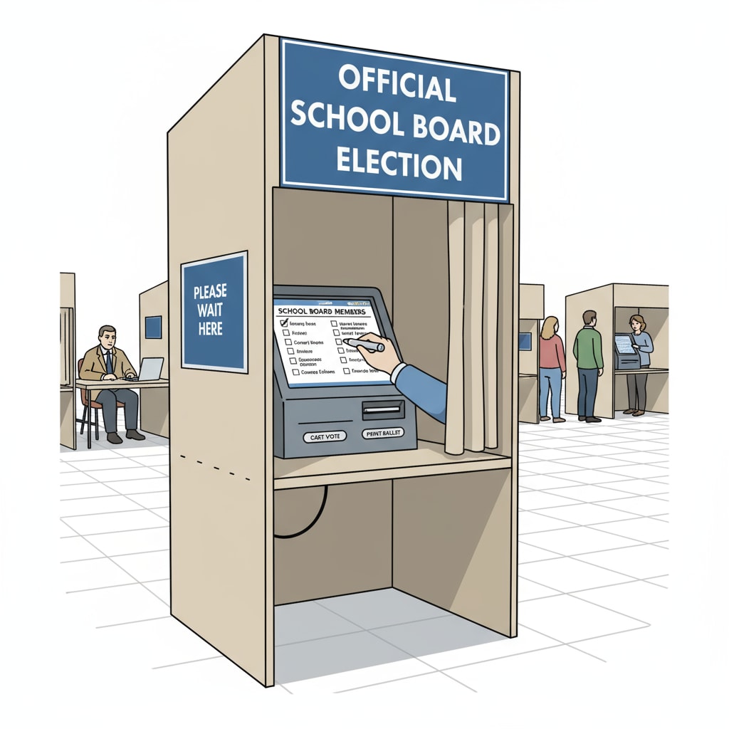An individual is seen casting their vote in a booth set up for a school board election. The booth has the necessary voting equipment and a sign indicating it's a school board election area. A person voting in a school board election booth highlighting the process that is affected by election conflicts and political civility.