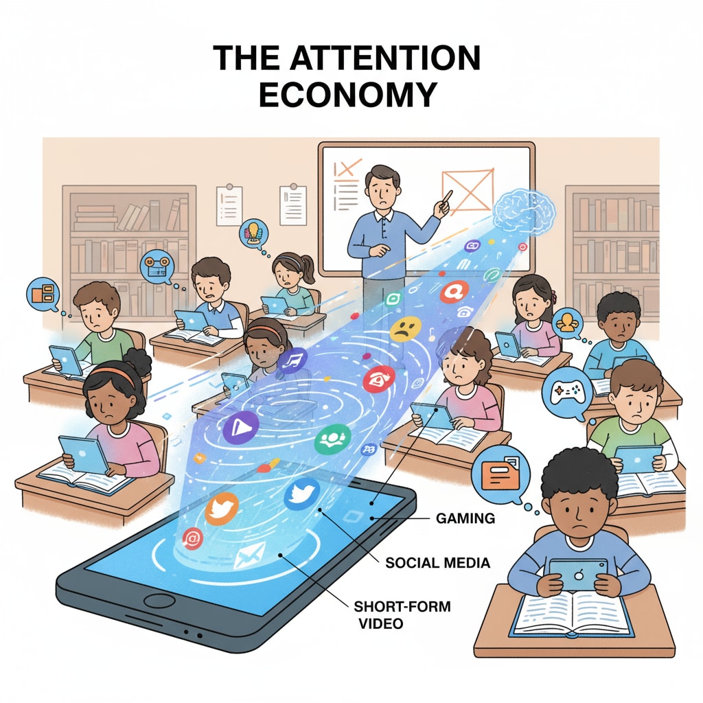 Students being distracted by digital devices in a classroom, representing the allure of the attention economy Students distracted by digital devices in the context of the attention economy