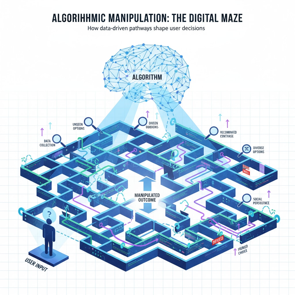 An illustration of how technology algorithms manipulate users' choices, showing a maze of digital paths Illustration of technology algorithms manipulating users in the information desert