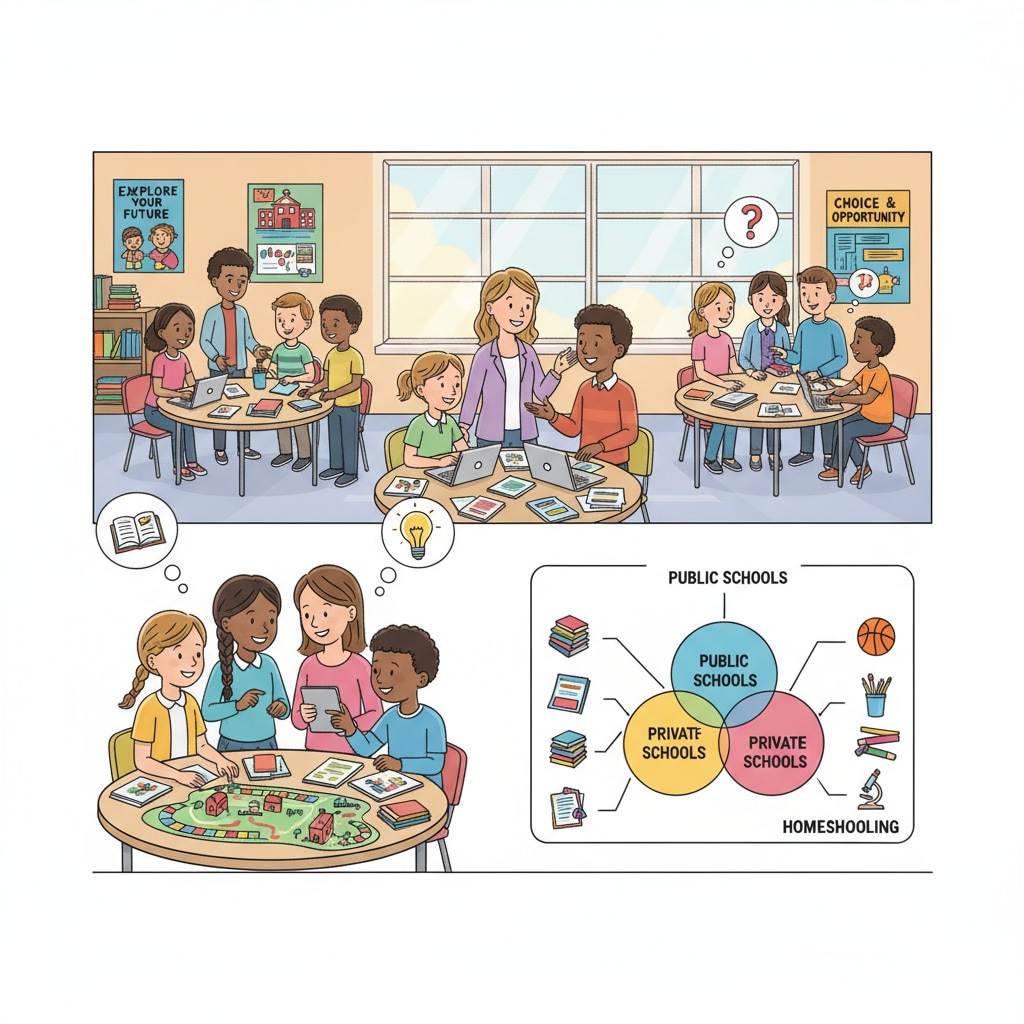 A group of students and parents are gathered in a room, engaged in a lively discussion about different school options available for the students. Students and parents discussing school choice, political divide, and education policy