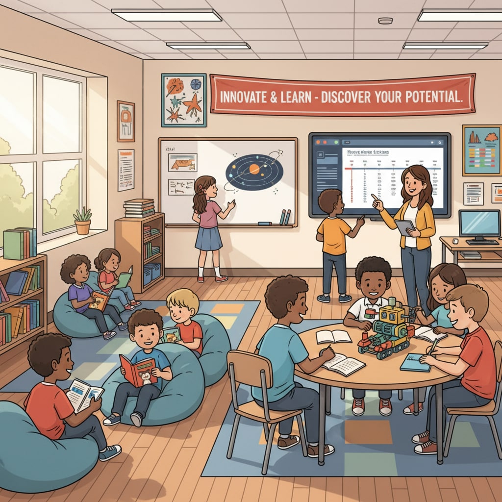 Inside a charter school classroom, students are actively participating in various learning activities, showing the unique educational environment. Classroom in a charter school related to school choice, political divide, and education policy