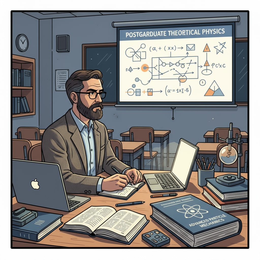 A physics teacher is sitting at a desk in an evening classroom, attentively listening to a lecture on a postgraduate course. Physics teacher attending an evening postgraduate class as part of on-the-job learning