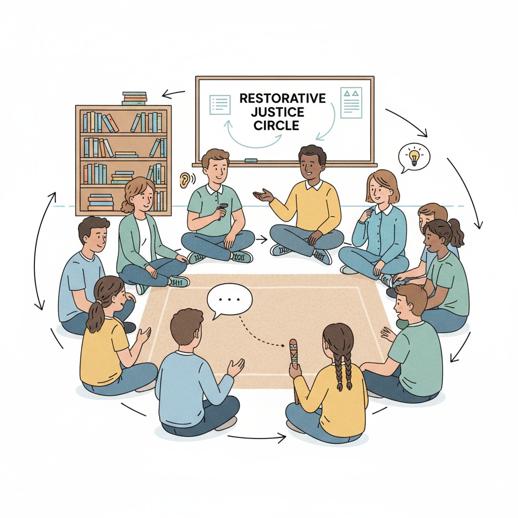 Students and teachers engaged in restorative justice discussion related to education resources and school implementation