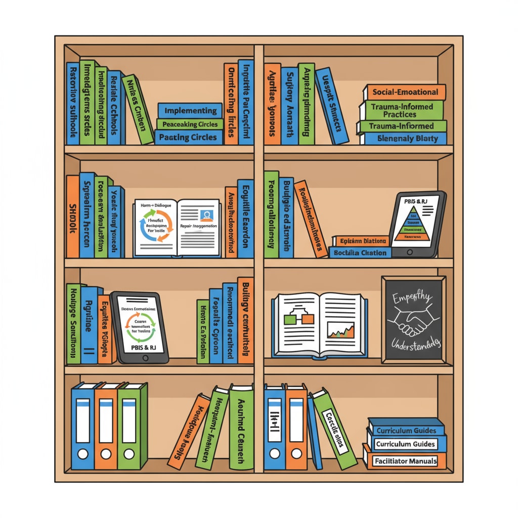 Bookshelf with resources for restorative justice in education and school implementation