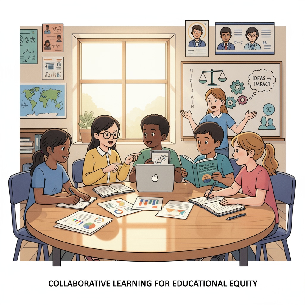 K12 students from different backgrounds collaborating for educational equality with research and evaluation support