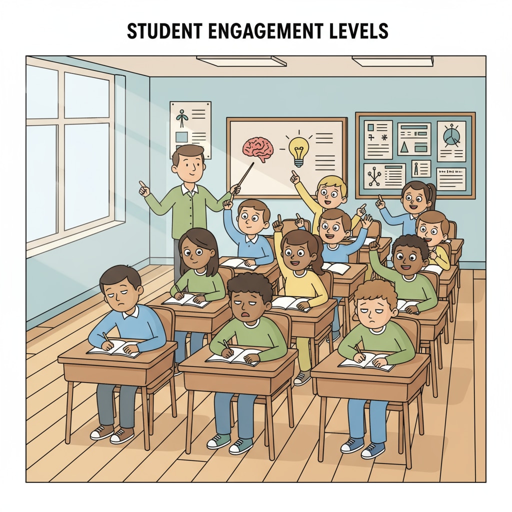 Classroom scene showing different levels of student engagement related to education system, class placement, learning environment, and student engagement
