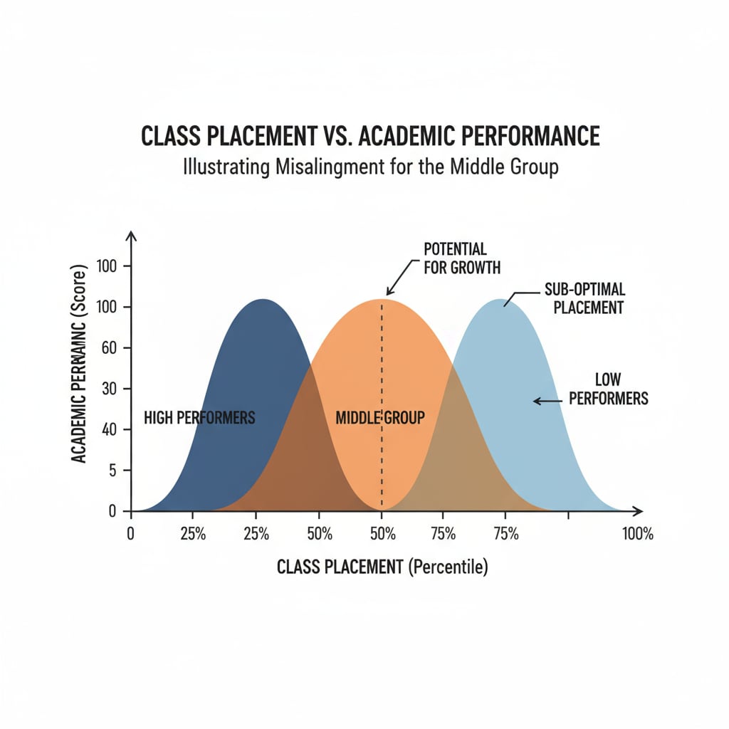 Graph depicting academic performance levels and class placement issues relevant to education system, class placement, learning environment, and student engagement