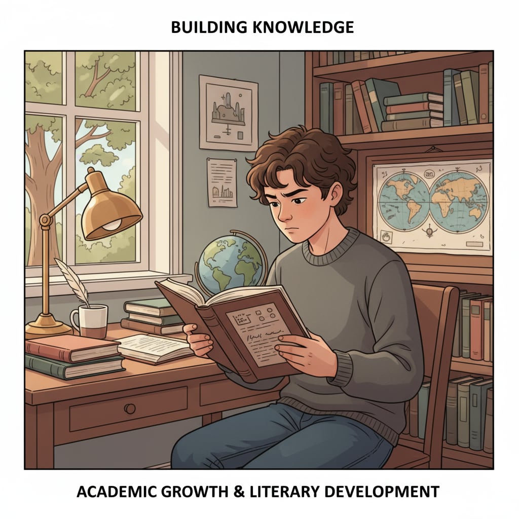 A student is sitting at a desk, deeply engrossed in reading a book in a quiet study. This represents the learning environment that can influence a character's educational background and subsequent writing style. A student reading a book in a study related to novel writing character educational background