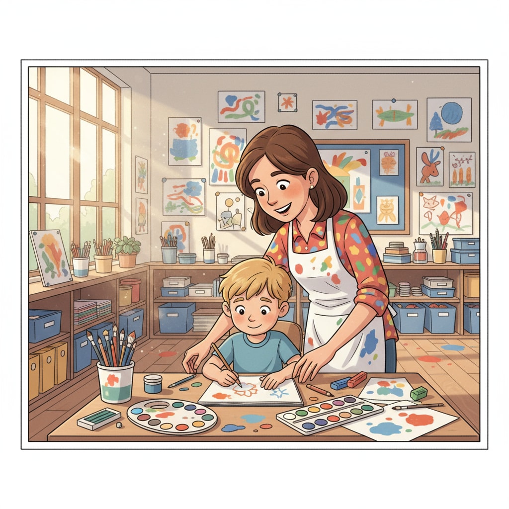 A primary school art teacher is interacting with students in a classroom filled with colorful art supplies and student artworks. The teacher is smiling and helping a student with their drawing. A primary school art teacher engaging in classroom activities related to teacher career transition, professional development, and ABA therapy