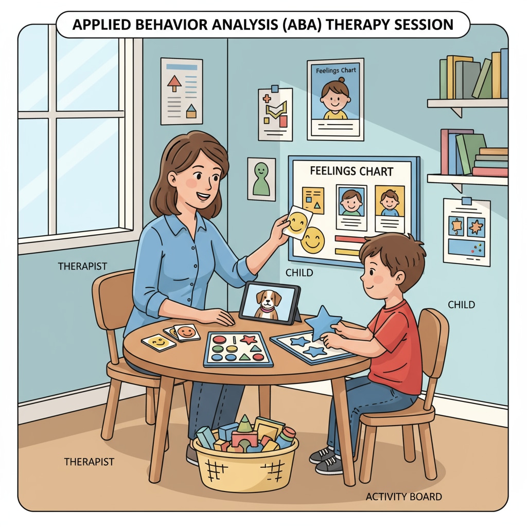 A therapist is sitting with a child in a therapy room. The therapist is using visual aids and engaging the child in activities as part of an ABA therapy session. A therapist conducting an ABA therapy session relevant to teacher career transition, professional development, and ABA therapy