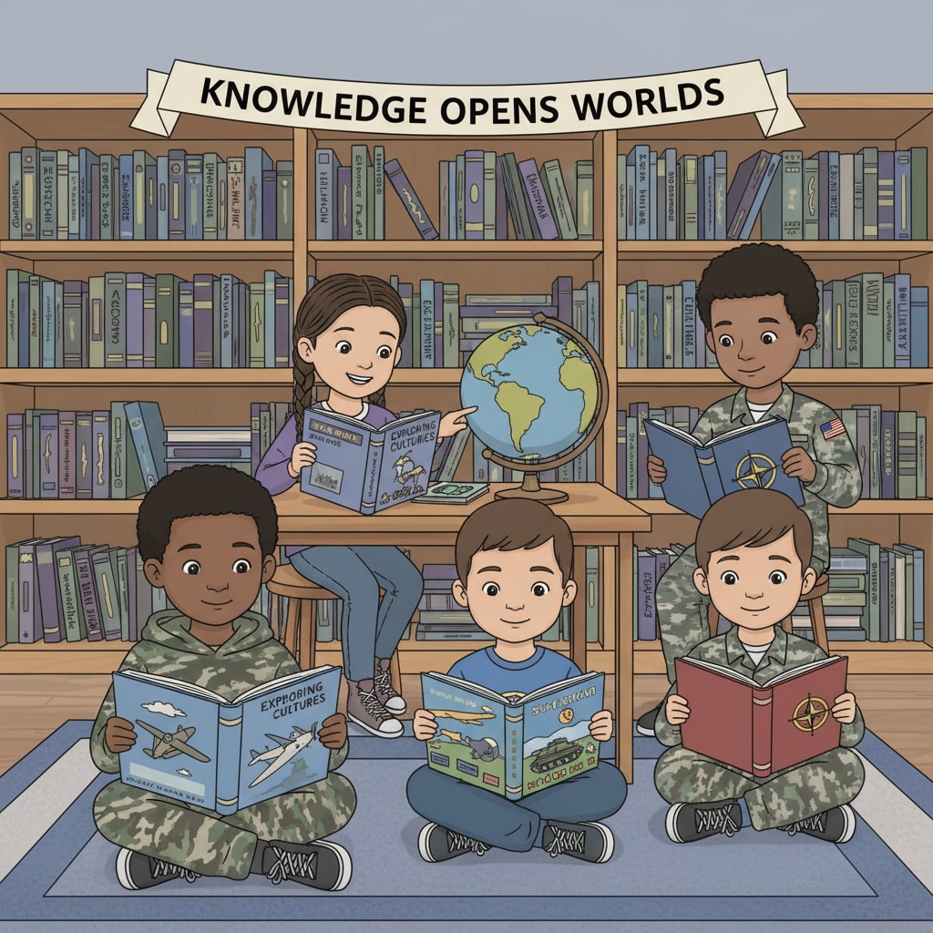 A group of military children reading books in a school library, with a diverse range of books on display Military children reading diverse books in a library, related to LGBTQ+ books, First Amendment, and Department of Defense Education