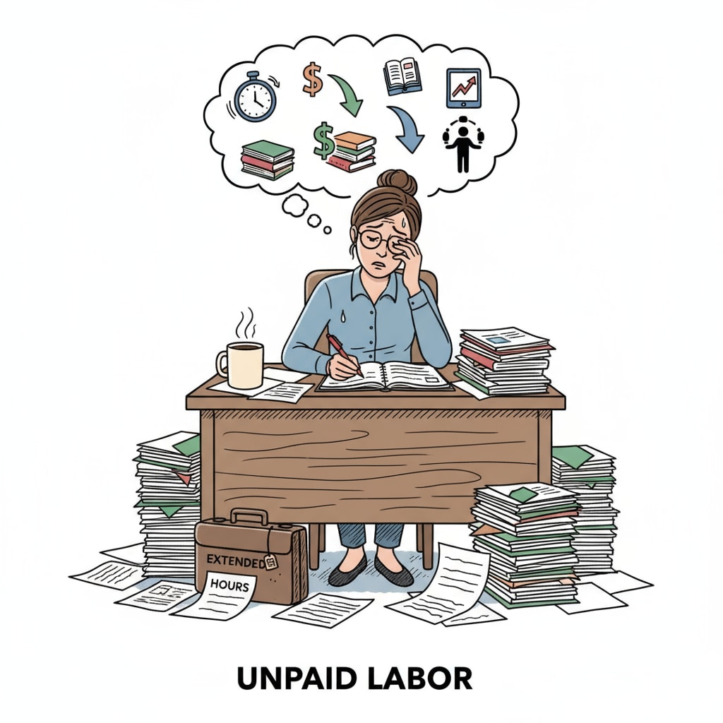 A stressed K12 educator grading papers, related to job reclassification, additional duties, and salary negotiation