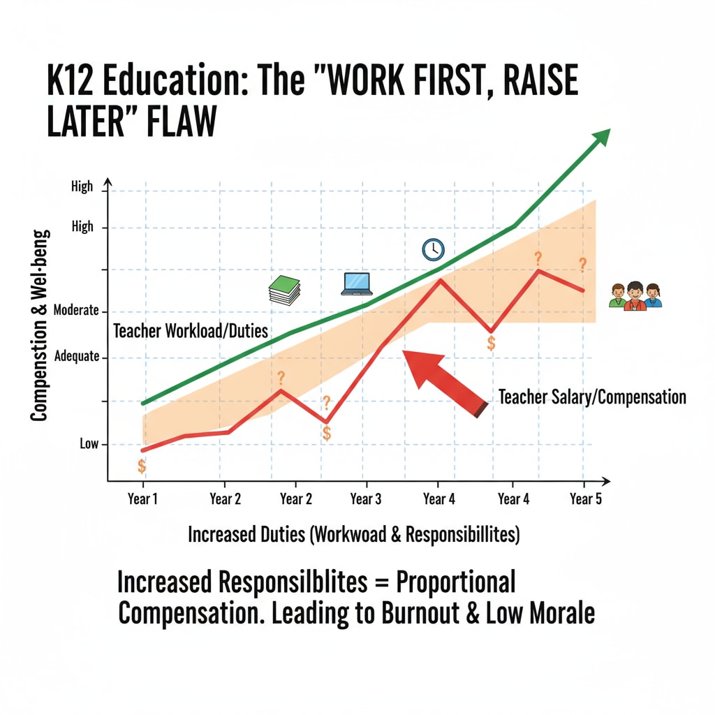 Graph showing the relationship between increased duties and stagnant salaries in K12 education, relevant to job reclassification, additional duties, and salary negotiation