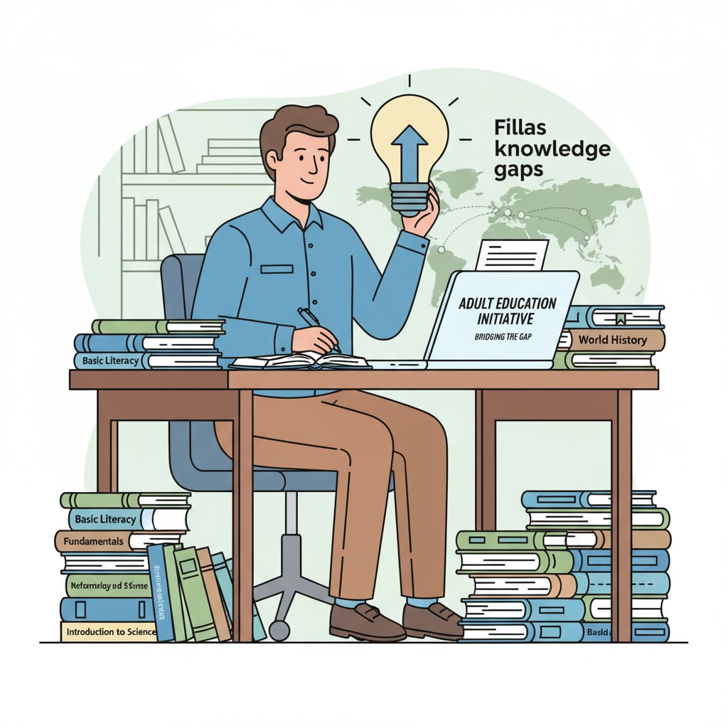 An adult is sitting at a desk, surrounded by books and a laptop, showing their readiness to start learning about basic education, which is relevant to the topic of filling knowledge gaps in adulthood. An adult ready to review basic education with the help of podcasts, beneficial for ADHD individuals.