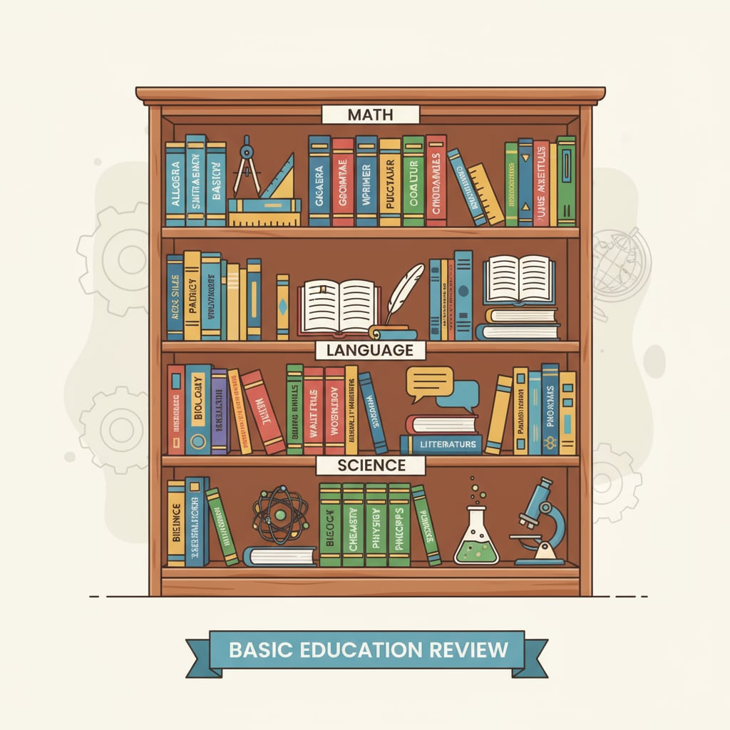 Bookshelves filled with educational books related to basic subjects like math, language, and science, representing the resources available for basic education review. Educational books for basic education review, useful for adults including those with ADHD.