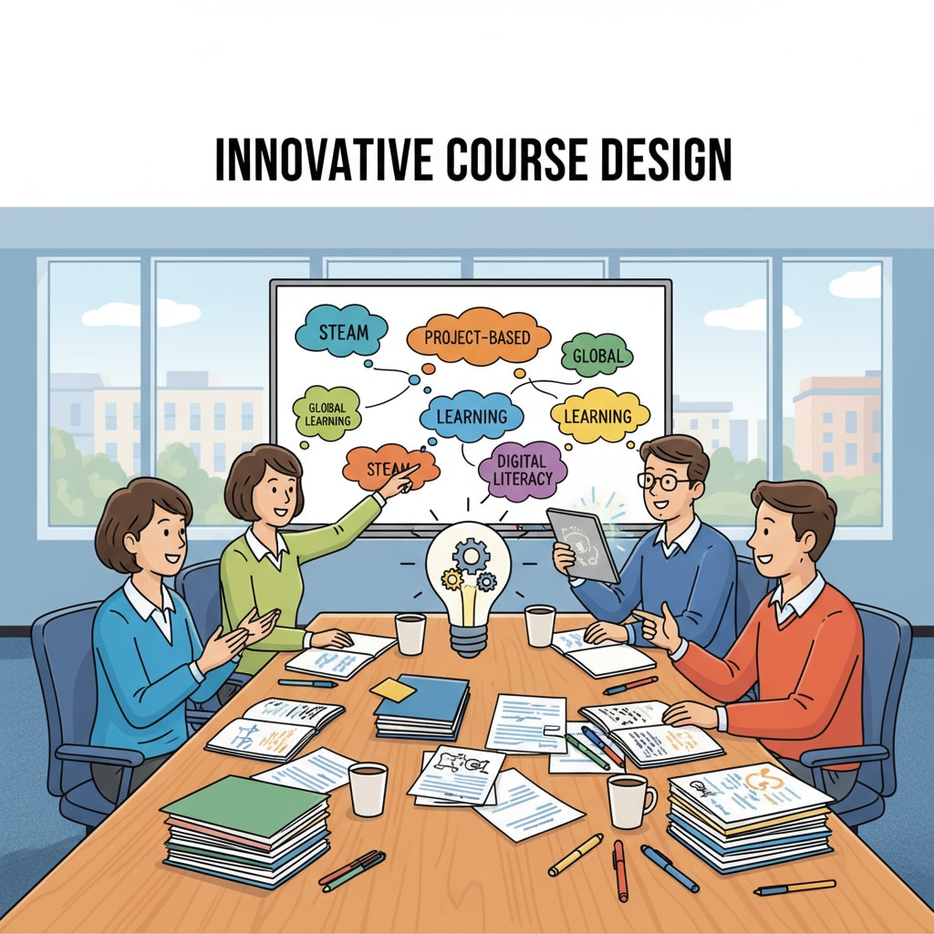 A group of teachers is engaged in a discussion about innovative course ideas in a meeting room, with papers and pens on the table, showing their enthusiasm for educational innovation. Teachers discussing innovative courses for student engagement