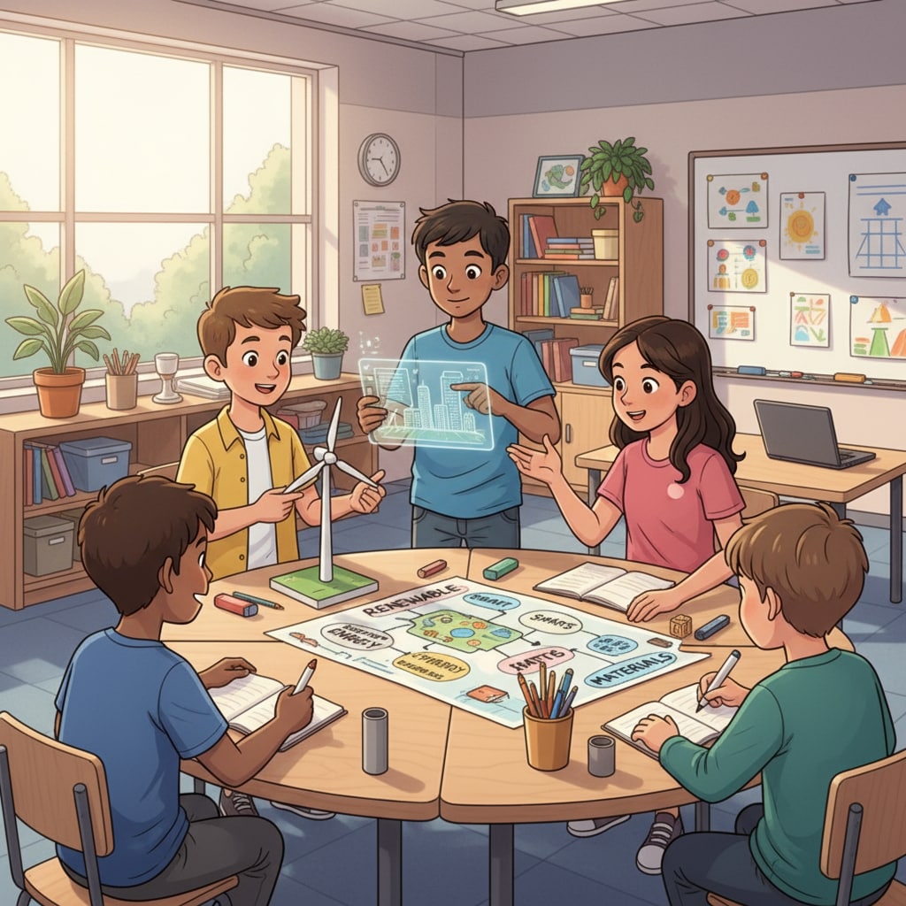 In an innovative classroom, students are collaborating on a project. They are gathered around a table, discussing ideas, looking at materials, and working together, which reflects the positive atmosphere of student participation. Students participating in an innovative project in the classroom