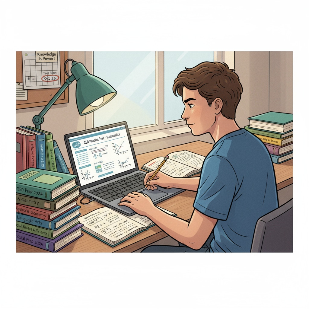 A teenager studying for the GED with books and a laptop, showing determination Teenager studying for GED as part of educational choices for dropouts