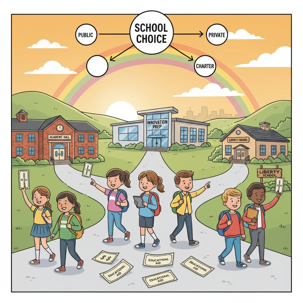 A group of students are walking towards different schools, with some holding vouchers, symbolizing the impact of the school vouchers policy on school choice. Students with vouchers going to different schools related to school vouchers, public school funding, and education policy