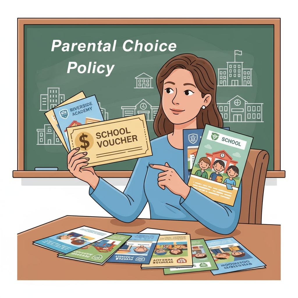 A parent is carefully examining brochures of various schools while holding a voucher, depicting the aspect of parental choice in the school vouchers policy. Parent choosing schools with voucher related to school vouchers, public school funding, and education policy