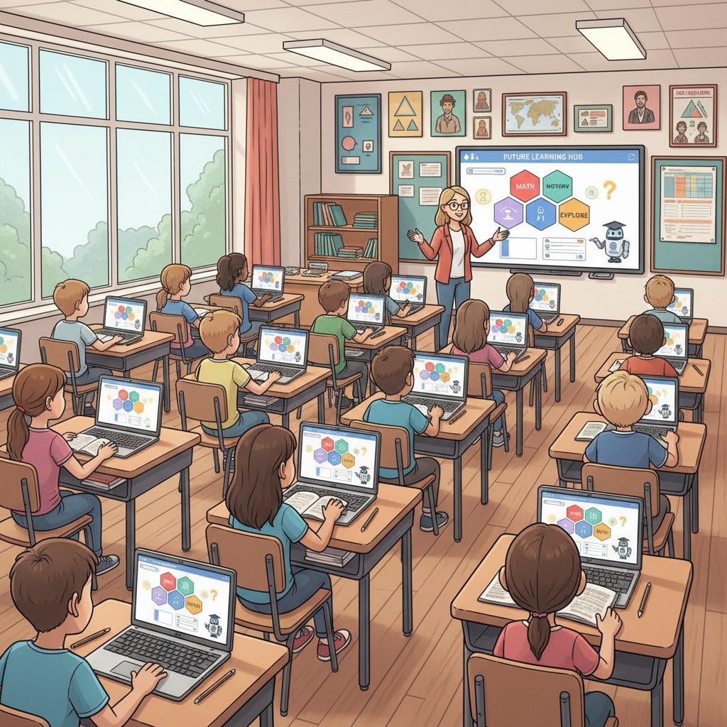 Students using AI tools in a K12 classroom setting related to AI policies, academic integrity, and educational equity